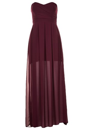 Strapless, floor-length burgundy dress with a fitted bodice and pleated, sheer overlay skirt.