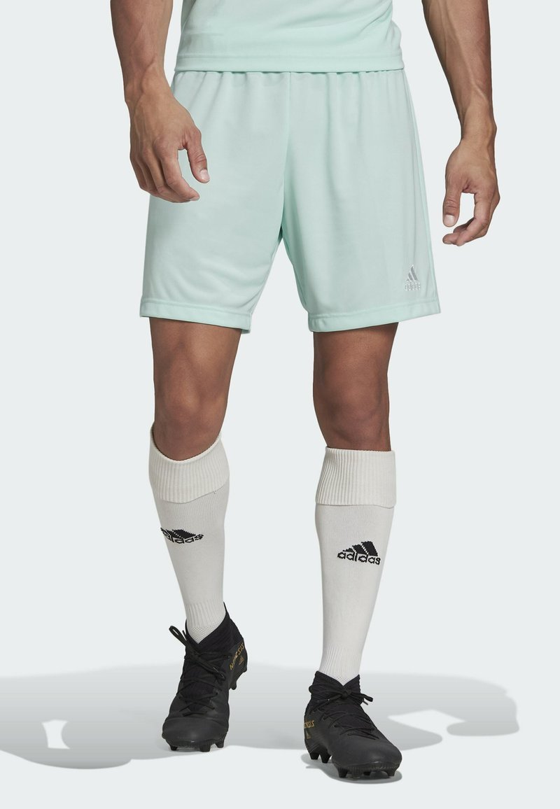 Mintgroene sportshorts met elastische tailleband, gecombineerd met witte kniekousen met een zwart logo en zwarte voetbalschoenen.