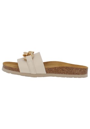 Beige slidssandal med kork-sål, bred rem og guldkæde-detalje på toppen, flad sål til fritidsbrug.