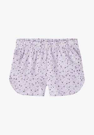 Calções de um roxo claro com um padrão floral, decorados com pequenas flores em roxo escuro e verde. Cintura elástica, tecido suave e bainhas arredondadas.