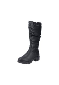 Black knee-high boot made of leather with a slouchy design, textured surface, flat sole, and subtle branding on the top.