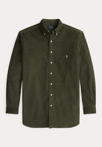 Chemise verte en velours côtelé à manches longues avec col et petit logo brodé sur la poitrine gauche.