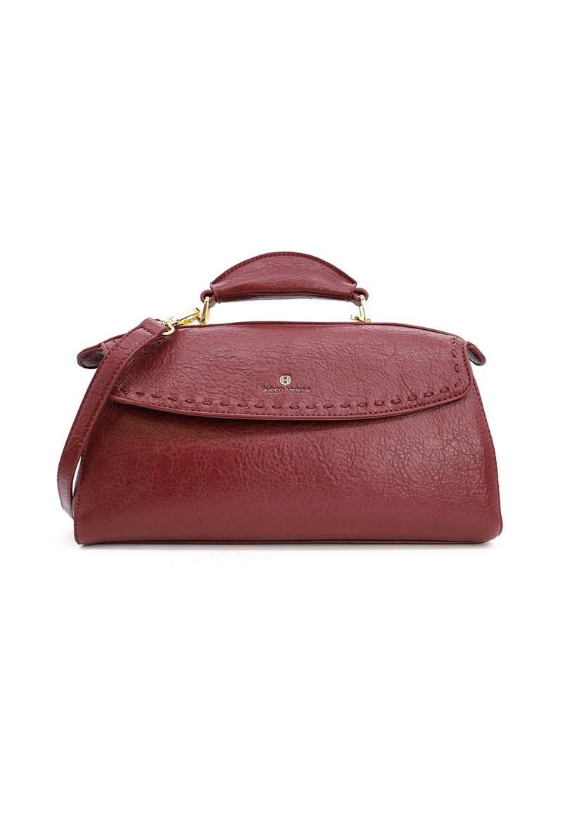 Borsa a tracolla in pelle marrone scuro con manico superiore, tracolla removibile, chiusura a patta cucita e piccolo logo dorato di Queen Helena.