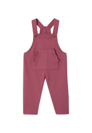Kinder rosa Overallhose mit verstellbaren Schulterträgern und einer Fronttasche mit Rüschenbesatz vor weißem Hintergrund.
