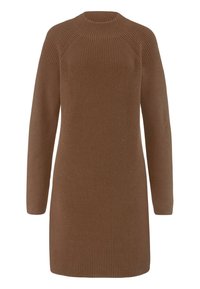 Hnědress pletené šaty s dlouhými rukávy, vysokým kulatým výstřihem, žebrovanou texturou a uvolněným střihem. Obsahují bezešvý design rukávů.