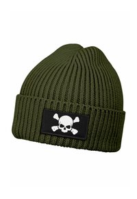 Olive green knitted beanie with ribbed texture, featuring a black patch with a white skull and crossbones design on the front.