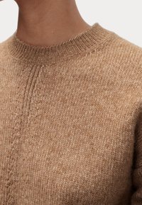 Sweter dzianinowy w jasnobrązowym kolorze z okrągłym dekoltem. Materiał ma miękką, teksturowaną powierzchnię z widocznymi detalami przeszyć.