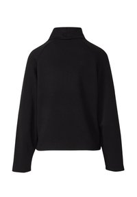 Maglione nero a maniche lunghe con collo alto, maniche raglan e orlo dritto, visto da dietro su sfondo bianco.