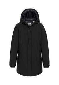 Zwarte parka met capuchon, voorzien van een rits aan de voorkant, zijzakken en geribbelde manchetten. Gladde buitenstof met een doorgestikte binnenvoering.