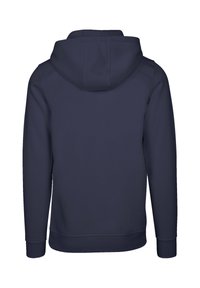Navy blue hoodie made of soft material, featuring a large hood, long sleeves, and a straight hem. No visible logos or patterns.