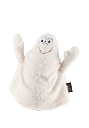 Marionnette main fantôme blanche en peluche avec visage souriant brodé et bras levés sur fond blanc uni.