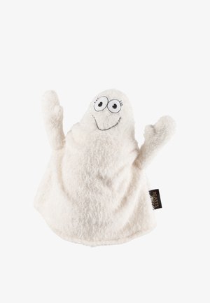 Weiße Plüschgespenster-Handpuppe mit besticktem lächelnden Gesicht und erhobenen Armen vor einfachem weißem Hintergrund.