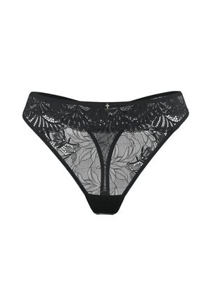 Zwarte kanten string met bloemmotief, voorzien van een zachte tailleband en een doorschijnende textuur. Het ontwerp bevat fijne details en minimale metalen accessoires.
