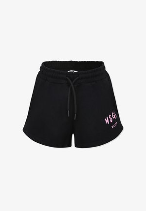 Pantaloni corti neri in cotone con vita elastica e cordino, caratterizzati da un design del logo rosa sul lato sinistro in basso.