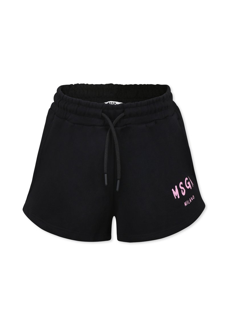 Pantaloni corti neri in cotone con vita elastica e cordino, caratterizzati da un design del logo rosa sul lato sinistro in basso.