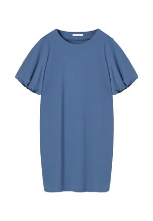 Sinine lühikeste varrukatega kleit ümmarguse kaelusega, valmistatud siledast kangast. Omaduseks on kogutud padjavarukad ja lõdvestunud, sirge siluett.