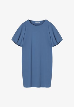 Rochie albastră cu mâneci scurte și decolteu rotund, realizată dintr-un material fin. Prezintă mâneci bufante adunate și o siluetă relaxată, dreaptă.