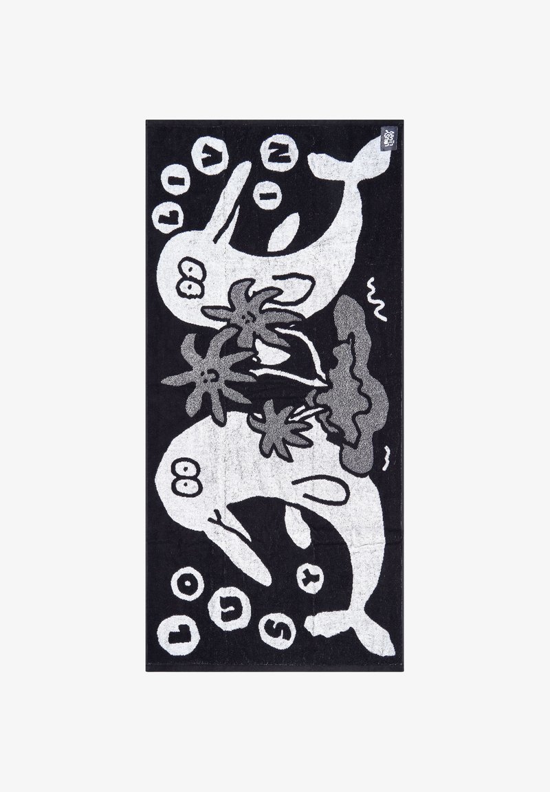 Black towel featuring white abstract dolphins and plants, with playful text elements and a soft, textured surface.