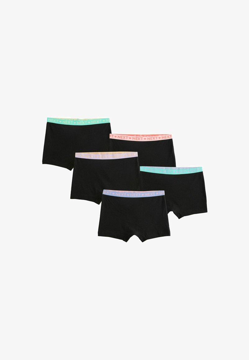 Five black boyshort-style underwear with colorful elastic waistbands in pastel green, pink, orange, blue, and teal, each printed "NEXT."