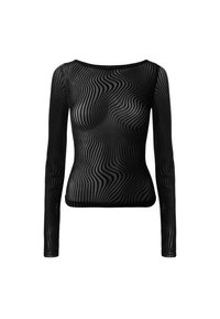 Top nero a maniche lunghe realizzato in materiale trasparente con un motivo ondulato. Presenta una scollatura a barca e una silhouette aderente.