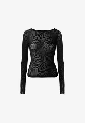 Top nero a maniche lunghe realizzato in materiale trasparente con un motivo ondulato. Presenta una scollatura a barca e una silhouette aderente.
