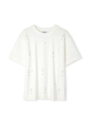 Witte T-shirt met korte mouwen van katoen, met een gladde textuur en diamantachtige accenten die gelijkmatig over de voorkant zijn verdeeld.