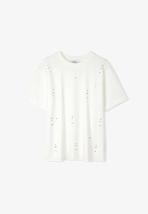 Witte T-shirt met korte mouwen van katoen, met een gladde textuur en diamantachtige accenten die gelijkmatig over de voorkant zijn verdeeld.