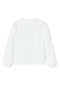 Blouse blanche avec une finition texturée, dotée d'un col rond et de longues manches bouffantes. Détail délicat en forme de coque le long du col.
