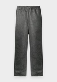 Suar de cinza, leve, com uma textura macia, cintura elástica e bolsos laterais, projetado para conforto com um corte de perna reta.