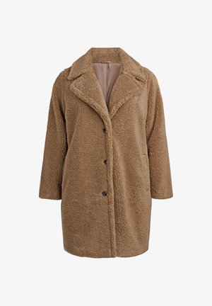 Brown teddy coat with large lapels, three button closures, long sleeves, and a smooth inner lining.