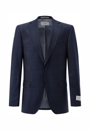 Marineblauer Herrenblazer mit zwei Knöpfen, notched Revers, Pattentaschen und glattem grauem Innenfutter.