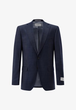 Marineblauer Herrenblazer mit zwei Knöpfen, notched Revers, Pattentaschen und glattem grauem Innenfutter.