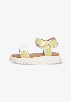 Lys grønne og beige sandaler med teksturerede remme, justerbare lukninger om anklen og forfoden samt en tyk hvid gummisål.
