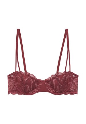 Soutien-gorge en dentelle bourgogne avec des bords festonnés, doté de bretelles réglables et d'un motif floral avec une texture douce, soutien-gorge à armatures.