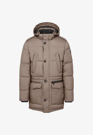 Beige gepolsterte Jacke mit Kapuze, mit einer vorderen Knopfverschluss, zwei Seitentaschen und einer Reißverschlusstasche auf der Brust. Weicher Stoff mit angenehmer Textur.