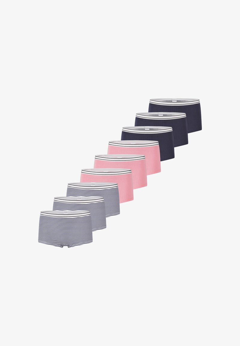 Set aus neun Paar Boxershorts: uni marineblau, hellrosa und marineblau gestreifte Designs. Mit elastischem Bund und weißem Besatz.