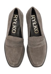 Gray suede loafers with a moccasin toe, minimal stitching, and a contrasting black inner lining. The sole is smooth with a slight curve.