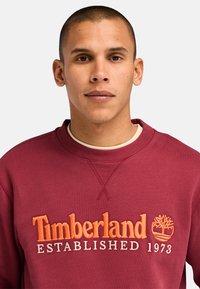 Felpa color marrone scuro con un evidente logo arancione "Timberland" e il testo "ESTABLISHED 1973". Collo rotondo con dettagli a costine.