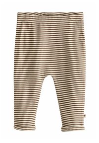 Bruna och cremefärgade ribbstickade babyleggings med horisontella ränder och elastisk midjeresår, visade platt mot en vit bakgrund.