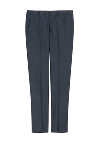 Spodnie w kolorze ciemnoszarym o dopasowanym kroju z subtelną fakturą, z zapięciem na guzik, bocznymi kieszeniami i prostą nogawką.