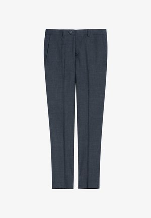 Spodnie w kolorze ciemnoszarym o dopasowanym kroju z subtelną fakturą, z zapięciem na guzik, bocznymi kieszeniami i prostą nogawką.