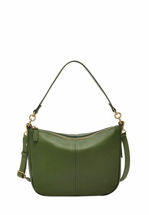 Olivgrüne Lederschultertasche mit goldenem Reißverschluss, verstellbaren und festen Trägern und strukturierter Oberfläche.