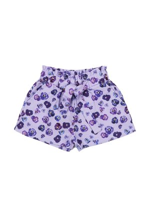 Purple floral patterned women's shorts with an elastic waistband and a tied fabric belt on a white background.