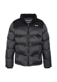 Sort pufferjakke med lynlås, ribbet krave og kontrasterende sorte skulderpaneler. Varm, quiltet design med glat tekstur.