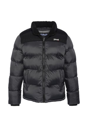 Schwarze Steppjacke mit Reißverschluss, geripptem Kragen und kontrastierenden schwarzen Schulterpaneelen. Warme, gestepptes Design mit glatter Textur.