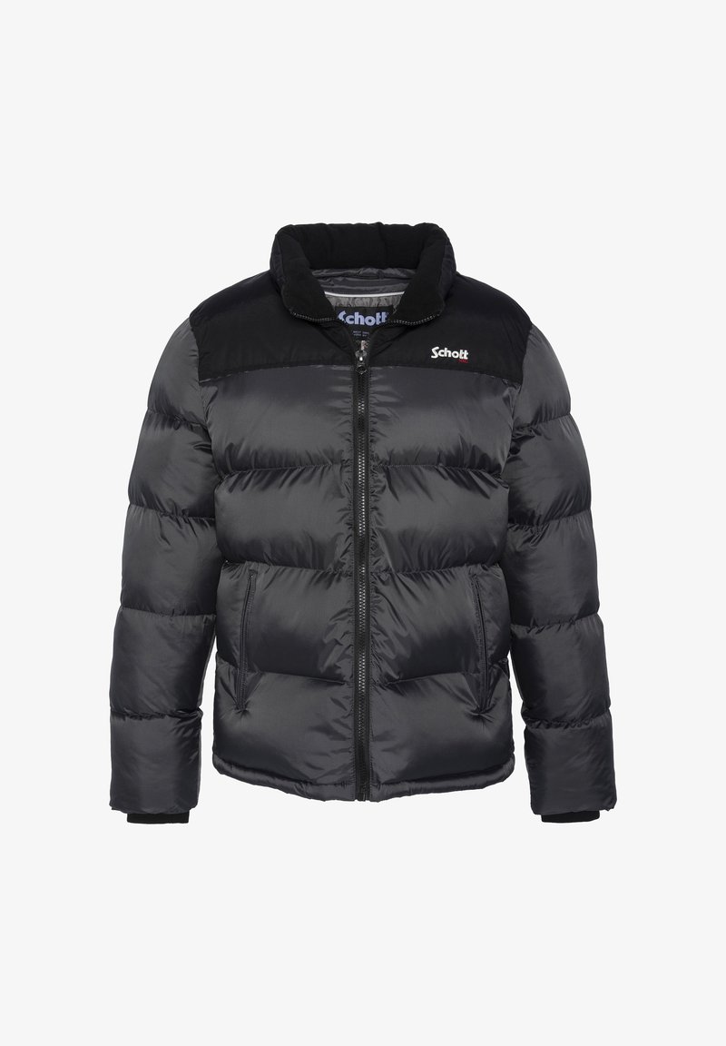 Sort pufferjakke med lynlås, ribbet krave og kontrasterende sorte skulderpaneler. Varm, quiltet design med glat tekstur.