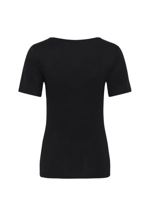 Juoda trumpomis rankovėmis aptempta marškinėliai, rodoma iš nugaros, su apvalia iškirpte ir lygiu audinio paviršiumi.