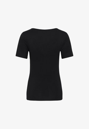 Juoda trumpomis rankovėmis aptempta marškinėliai, rodoma iš nugaros, su apvalia iškirpte ir lygiu audinio paviršiumi.