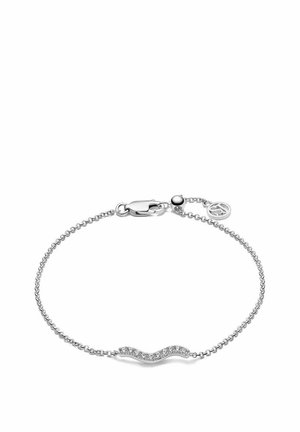 Silver bracelet featuring a wavy design with a section adorned by small, clear, round cut stones, finished with a clasp and adjustable chain.