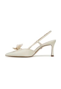 D�écolleté slingback in satin crema con un fiore decorativo in plastica e una sottile cinghia alla caviglia; presenta un tacco affusolato di 7 cm.